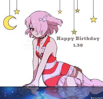 1girl asupara0 bare_shoulders belt black_choker boots breasts choker cleavage closed_mouth collarbone crescent crescent_moon dated dr._stone dress earrings hair_ornament hair_over_one_eye happy_birthday jewelry looking_at_viewer luna_wright moon pink_eyes pink_hair pink_thighhighs reflection reflective_floor short_dress short_hair sitting sleeveless sleeveless_dress smile solo star_(sky) star_(symbol) star_hair_ornament striped_clothes striped_dress thigh_belt thigh_strap thighhighs twitter_username white_background