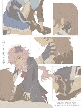 ... 2girls artist_name belt black_dress black_gloves black_jacket black_shoes black_skirt blue_jacket blue_skirt blush closed_mouth clothing_cutout commentary dress empty_eyes english_commentary english_text evernight_(honkai:_star_rail) flower flower_ornament gloves grey_belt grey_hair hair_flower hair_ornament hair_over_one_eye hand_on_another's_head heart highres holding_hands honkai:_star_rail honkai_(series) imminent_fingering implied_kiss jacket jewelry korshokor long_hair long_sleeves looking_at_another looking_down low_twintails lying march_7th_(honkai:_star_rail) march_7th_(preservation)_(honkai:_star_rail) miniskirt multiple_girls multiple_rings multiple_views navel official_alternate_costume official_alternate_hairstyle on_back on_bed open_clothes open_jacket open_mouth panties partially_fingerless_gloves pink_hair pleated_skirt pocket_watch puffy_long_sleeves puffy_sleeves purple_flower red_eyes red_flower ring shirt shoes shoulder_cutout sidelocks simple_background single_bare_shoulder sitting skirt smile stelle_(honkai:_star_rail) sweat t-shirt trailblazer_(honkai:_star_rail) twintails two-tone_dress underwear watch wavy_hair white_background white_dress white_panties white_shirt yuri