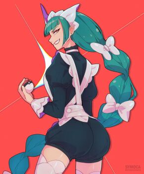 1girl apron ass black_romper bow braid braided_ponytail brown_eyes green_hair grin holding holding_poke_ball juliet_sleeves lebanne_(pokemon) long_braid long_hair long_sleeves looking_at_viewer looking_back maid maid_apron maid_headdress nintendo open_mouth poke_ball poke_ball_(basic) pokemon pokemon_legends:_z-a puffy_sleeves romper smile solo symoca teeth thighhighs white_bow white_thighhighs