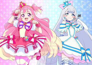 2girls :d absurdres animal_ear_hairband animal_ears aqua_bow arched_crown argyle_background arm_behind_back arm_up arm_warmers artist_logo bare_shoulders blonde_hair blue_background blue_bow blue_choker blue_crown blue_eyes blue_hairband blunt_bangs blush boots bow bow_earrings bright_pupils brooch capelet cat_ear_hairband cat_ears chest_bow choker clenched_hands closed_mouth collarbone colored_petticoat commentary cowboy_shot crown crown_earrings cure_nyammy cure_wonderful dress dress_bow earrings fake_animal_ears frilled_arm_warmers frilled_dress frilled_thighhighs frilled_wrist_cuffs frills gold_hairband gradient_background hair_bow hairband heart heart_brooch highres inukai_komugi jewelry legs_together legs_up lips logo long_hair looking_at_viewer magical_girl medium_dress mini_crown multicolored_hair multicolored_pantyhose multiple_girls nekoyashiki_yuki off-shoulder_dress off_shoulder open_mouth pact_holder pantyhose paw_pose petticoat pink_background pink_boots pink_bow pink_capelet pink_crown pink_dress pink_hair pink_pantyhose pink_wrist_cuffs pouch precure puffy_short_sleeves puffy_sleeves purple_bow purple_eyes shiny_cats_pact short_dress short_sleeves side-by-side smile standing streaked_hair striped_bow striped_clothes striped_pantyhose thighhighs tilted_headwear tucking_hair two-tone_background two-tone_hair two-tone_pantyhose two_side_up very_long_hair watermark white_arm_warmers white_bow white_dress white_hair white_thighhighs wonderful_pact wonderful_precure! wrist_cuffs yellow_pantyhose yellow_pupils zero-theme zettai_ryouiki