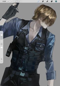 Rule 34 | 1boy, 7554shan, art program in frame, black gloves, blonde hair, blue shirt, collared shirt, commentary, covered face, cowboy shot, facing to the side, fingerless gloves, gloves, highres, leon s. kennedy, resident evil, resident evil 2, screencap, shirt, short hair, sleeves rolled up, vest