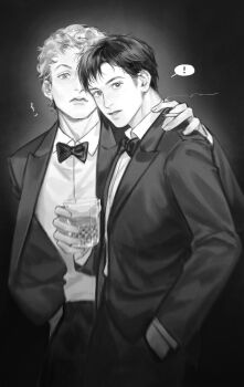 ! 2boys bow bowtie closed_mouth collared_shirt commentary cowboy_shot cup drinking_glass english_commentary formal_clothes greyscale hand_on_another's_neck heated_rivalry highres holding holding_cup ilya_rozanov jacket lapels layered_sleeves looking_at_viewer male_focus monochrome multiple_boys open_clothes open_jacket orihara0820 parted_lips shane_hollander shirt shirt_tucked_in short_hair short_sideburns shot_glass sideburns speech_bubble spoken_exclamation_mark suit_jacket wing_collar
