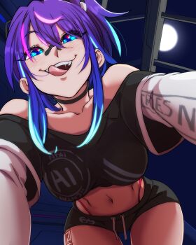 1girl absurdres bandage_on_face bandages bandaid bandaid_on_face bandaid_on_nose blue_eyes blue_hair blush breasts choker crop_top from_below hair_ornament highres indie_virtual_youtuber licking_lips looking_at_viewer medium_breasts melody_(projektmelody) moon multicolored_hair navel neon_palette nisego panty_straps pinned ponytail purple_hair shorts smile streaked_hair tongue tongue_out triangle_hair_ornament virtual_youtuber vshojo