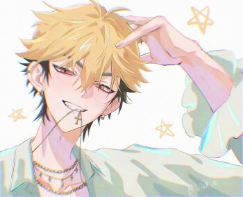 Rule 34 | 1boy, absurdres, alternate costume, arm up, black hair, blonde hair, chain, chain necklace, chromatic aberration, collared shirt, commentary, cross, cross necklace, ear piercing, earrings, english commentary, frilled sleeves, frills, gold chain, gold necklace, grin, hair between eyes, hand on own head, hand up, head tilt, highres, jewelry, long sleeves, looking at viewer, male focus, mouth hold, multicolored hair, necklace, necklace in mouth, orange eyes, piercing, shiguang dailiren, shirt, short hair, simple background, smile, solo, star (symbol), teeth, teeth hold, twitter username, two-tone hair, uin9 0, upper body, v, white background, white shirt, xia fei, xia fei (vampire)