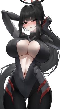 Rule 34 | 1girl, :o, absurdres, black bodysuit, black hair, black halo, blue archive, blush, bodysuit, breasts, commentary, first one14, halo, highres, huge breasts, long hair, looking at viewer, navel, official alternate costume, partially unzipped, red eyes, rio (blue archive), rio (bodysuit) (blue archive), simple background, skin tight, solo, sweat, very long hair, white background