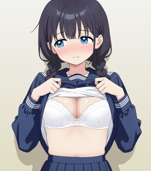 1girl averting_eyes black_hair blue_eyes blue_sailor_collar blue_serafuku blue_shirt blue_skirt bow bow_bra bra braid braided_twintails breasts brown_background choppy_bangs closed_mouth clothes_lift commentary_request dot_nose gradient_background hair_over_shoulder highres large_breasts lifting_own_clothes light_blush long_hair long_sleeves original pleated_skirt sailor_collar school_uniform serafuku shadow shirt shirt_lift skirt solo split_mouth straight-on take_zenni_chikuzenni underwear upper_body white_bra