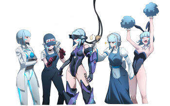 absurdres android android_mk.99 animal_ears bare_shoulders beer_mug blue_hair blunt_bangs bow bowtie breasts covered_navel cup detached_collar drill elbow_gloves fake_animal_ears fake_tail gloves guardian_tales helseujang highres holding leotard mug official_alternate_costume open_mouth rabbit_tail red_eyes short_hair simple_background solo strapless tail thighs tomato tray white_background white_gloves