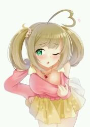 1girl ahoge animated audible_speech bent_over blouse blush breasts brown_hair cleavage collarbone commentary_request green_eyes hair_ornament heart heart-shaped_pupils heart_ahoge idolmaster idolmaster_cinderella_girls jewelry kibihimi large_breasts looking_at_viewer lowres medium_breasts necklace pink_shirt sato_shin shirt simple_background skirt smile solo sound symbol-shaped_pupils tagme teasing video white_background yellow_skirt