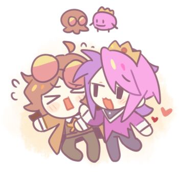 Rule 34 | > <, 1boy, 1girl, ahoge, blush, brown cardigan, brown hair, cardigan, chibi, chibi only, chumufengchun, coat, commentary, crown, eyewear on head, heart, humanization, lifesteal smp, minecraft youtube, open cardigan, open clothes, open mouth, orange-tinted eyewear, purple coat, purple hair, short hair, simple background, squiddo, sunglasses, symbol-only commentary, tinted eyewear, wemmbu, white background