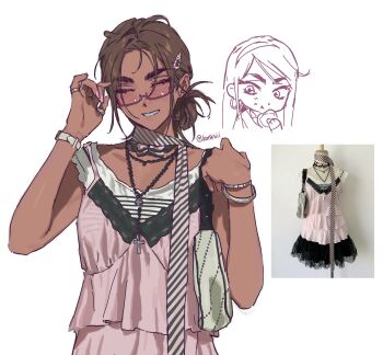 1girl alien_stage bracelet brown_hair closed_eyes commentary dark-skinned_female dark_skin donut earrings eating food glasses hair_bun hair_ornament hairclip hashtag-only_commentary highres holding holding_donut holding_food hyuna_(alien_stage) jewelry katsksiii photo_inset pink_nails pink_tank_top ring rosary semi-rimless_eyewear signature solo tank_top watch white_tank_top wristwatch