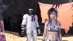 3d aerith_gainsborough animated arm_tattoo ass audible_speech barret_wallace beach belt bikini bikini_skirt bikini_top_only black_hair blonde_hair blue_shirt breasts brown_eyes brown_hair chocobo cleavage cloud_strife costa_del_sol cutscene dark-skinned_female dark-skinned_male dark_skin earrings english_audio english_text final_fantasy final_fantasy_vii final_fantasy_vii_rebirth final_fantasy_vii_remake flower flower_on_head fran_(ff7) frilled_bikini frills gameplay glasses green_eyes hair_ribbon hat high_heels highres jewelry johnny_(ff7) large_breasts legs long_legs medium_breasts midriff multicolored_bikini multiple_boys multiple_girls naomi_(ff7) ocean official_alternate_costume palm_tree pink_bikini professor_hojo red_eyes red_hair red_xiii ribbon sailor sailor_collar sailor_hat sailor_shirt sandals screencap shirt shorts smile sound square_enix striped_bikini striped_clothes subtitled swimsuit tagme tattoo thighs tree two-tone_bikini video video_game video_game_screencap waves yellow_eyes yorda_(ff7)