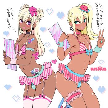2boys ass-to-ass ass_press blonde_hair blue_eyes bow bulge dark-skinned_male dark_skin earrings flat_chest garrison_cap garter_straps green_eyes gyaru gyaruo hat heart heart_earrings jewelry long_hair menu microskirt miniskirt multiple_boys nagano_rira nail_polish navel original ponytail purple_eyes ronako_(nagano_rira) serako_(nagano_rira) skirt stomach tagme testicle_peek testicles thigh_strap thighhighs trap twintails
