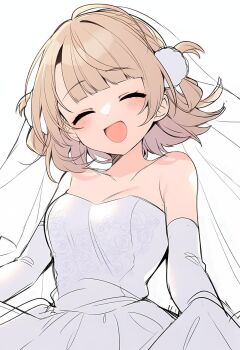 1girl :d alternate_costume bare_shoulders blunt_bangs blush braid breasts bridal_veil bride brown_hair closed_eyes commentary_request dress elbow_gloves facing_viewer gloves hair_ornament hair_rings indie_virtual_youtuber kuronekoron medium_breasts medium_hair open_mouth pom_pom_(clothes) pom_pom_hair_ornament shigure_ui_(vtuber) side_braid side_part side_up_ring simple_background smile solo strapless strapless_dress upper_body veil virtual_youtuber wedding_dress white_background white_gloves