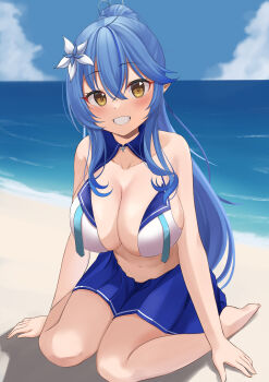 1girl absurdres ahoge arm_support barefoot beach blue_hair blue_skirt blue_sky blue_streaks blush breasts cleavage cloud collarbone commentary_request crop_top day flower full_body grin hair_between_eyes hair_flower hair_ornament heart heart_ahoge highres hololive large_breasts long_hair looking_at_viewer multicolored_hair ocean open_clothes outdoors pointy_ears ramkilog sitting skirt sky smile solo streaked_hair virtual_youtuber yellow_eyes yukihana_lamy