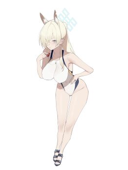 1girl absurdres animal_ear_fluff animal_ears blonde_hair blue_archive blue_eyes blue_halo breasts competition_swimsuit covered_navel dog_ears dog_girl extra_ears full_body hair_over_one_eye halo highleg highleg_one-piece_swimsuit highres kanna_(blue_archive) kanna_(swimsuit)_(blue_archive) kurowanjjyang large_breasts leaning_forward long_hair looking_at_viewer notched_ear official_alternate_costume one-piece_swimsuit ponytail sandals simple_background solo swimsuit whistle whistle_around_neck white_background white_one-piece_swimsuit