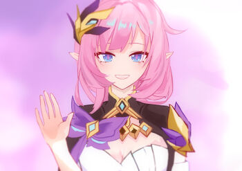 1girl beijiang_bj black_shrug breasts chinese_commentary cleavage commentary_request corset elysia_(honkai_impact) elysia_(miss_pink_elf)_(honkai_impact) hair_ornament highres honkai_(series) honkai_impact_3rd large_breasts long_hair looking_at_viewer pink_hair purple_sky shrug_(clothing) sky smile solo upper_body very_long_hair white_corset