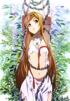 Rule 34 | 1girl, adachi shingo, armpits, arms up, asuna (sao), asuna (sao-alo), bound, bound arms, breasts, brown eyes, brown hair, chain, chained, cleavage, collarbone, dot nose, dress, elf, female focus, grass, highres, imminent kiss, imminent penetration, imminent rape, imminent vaginal, long hair, looking at viewer, midriff, navel, non-web source, open mouth, pointy ears, small breasts, solo, solo focus, stomach, sword art online, titania (sao), torn clothes, torn dress, very long hair, white dress