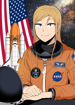 1girl american_flag astronaut blonde_hair blue_eyes commentary_request galois helmet highres korean_commentary long_hair odyssey_(galois) seong_eun-ha sidelocks smile solo space space_helmet space_shuttle spacecraft spacesuit unworn_headwear unworn_helmet upper_body