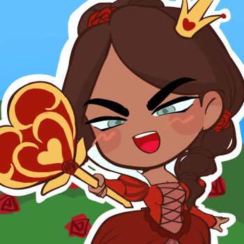 1girl alice&#039;s_adventures_in_wonderland alien_stage blue_sky bush commentary crown dark-skinned_female dark_skin dress english_commentary flower grey_eyes hair_flower hair_ornament heart highres holding holding_scepter hyuna_(alien_stage) mini_crown mirdilean open_mouth outline queen_of_hearts_(alice_in_wonderland) red_dress red_flower red_rose rose scepter sky smile solo v-shaped_eyebrows white_outline