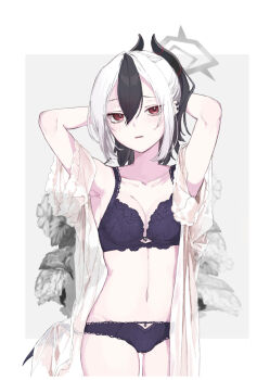 1girl absurdres alternate_costume armpits arms_behind_head black_bra black_hair black_horns black_panties blue_archive blush bra breasts collarbone commentary_request cowboy_shot demon_girl demon_horns demon_wings double-parted_bangs earclip floral_print floral_print_bra gluteal_fold grey_background grey_halo hair_between_eyes halo highres horns kayoko_(blue_archive) kisaka lace lace-trimmed_panties lace_trim lingerie looking_at_viewer low_wings medium_breasts multicolored_hair navel open_mouth open_pajamas pajamas panties ponytail red_eyes short_sleeves sidelocks simple_background single_wing solo stomach tsurime two-tone_hair underwear underwear_only white_hair white_pajamas wings