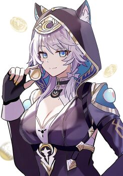 1girl animal_ears black_hood blue_eyes braid breasts cat_ears cipher_(honkai:_star_rail) cleavage coin commentary_request fingerless_gloves gloves grey_hair h2o_omizu highres holding holding_coin honkai:_star_rail honkai_(series) mole mole_on_chest side_braid smile white_background yellow_nails