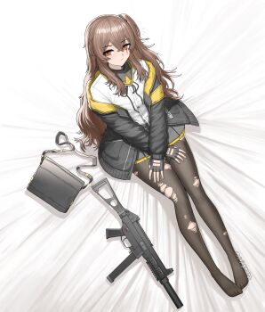 1girl 404_logo_(girls'_frontline) absurdres armband bag bed_sheet brown_hair cheogtanbyeong commentary_request feet fingerless_gloves from_above full_body girls'_frontline gloves gun h&amp;k_ump handbag hands_on_lap highres jacket jacket_partially_removed korean_commentary long_hair looking_at_viewer no_shoes on_bed one_side_up pantyhose scar scar_across_eye scar_on_face solo submachine_gun torn_clothes torn_pantyhose ump45_(girls'_frontline) weapon yellow_armband yellow_eyes