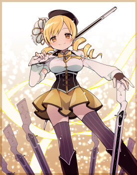 1girl beret black_boots blonde_hair boots closed_mouth drill_hair feet_out_of_frame fingerless_gloves gloves gun hat highres holding holding_gun holding_weapon ikuchi_osutega looking_at_viewer magical_girl mahou_shoujo_madoka_magica miniskirt rifle skirt smile solo standing thighhighs tomoe_mami twin_drills weapon yellow_eyes yellow_skirt zettai_ryouiki