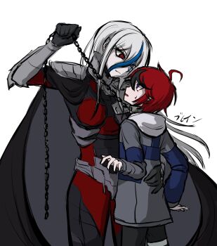 1boy 1girl ahoge armor artist_name assertive_female black_hair blue_eyes blue_hair cape chain chain_leash facial_mark gorget hand_on_another&#039;s_back hetero highres holding holding_chain hood hooded_jacket jacket kb_314 leash long_hair looking_at_another multicolored_hair purple_eyes red_eyes red_hair short_hair shoulder_armor streaked_hair sumino_takumi the_hundred_line_-last_defense_academy- v&#039;ehxness white_hair