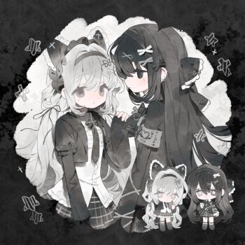 Rule 34 | 2girls, animal ears, black hair, blush, gloves, hair ornament, hairclip, jacket, long hair, long sleeves, looking at viewer, multiple girls, open mouth, shirt, skirt, smile, tail