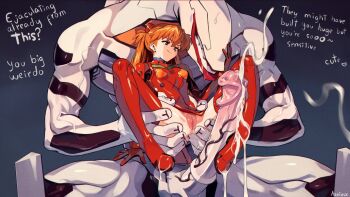1boy 1girl aseiusx bodysuit brown_hair character_request commentary cum ejaculation english_commentary english_text green_eyes hand_on_another's_face huge_penis humiliation long_hair mass_production_eva mecha_pilot_suit naughty_face neon_genesis_evangelion penis plugsuit_(evangelion) premature_ejaculation pussy smirk smug souryuu_asuka_langley spread_legs teasing torn_bodysuit torn_clothes twintails uncensored