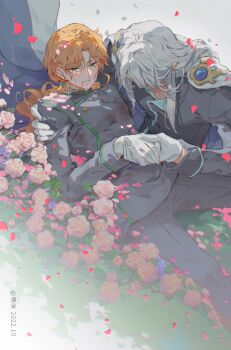 2boys absurdres bishoujo_senshi_sailor_moon bishoujo_senshi_sailor_moon_(first_season) bishounen cape commentary_request crying fish191101756 flower green_eyes grey_hair grey_jacket grey_pants highres holding_hands injury jacket kunzite_(sailor_moon) long_hair male_focus multiple_boys orange_hair pants parted_lips petals pink_flower pink_rose rose sad tears yaoi zoisite_(sailor_moon)