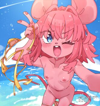 1girl animal_ears animal_nose arm_up artist_name bikini bikini_pull blue_eyes blush clothes_pull cloud day furry furry_female gluteal_fold gold_bikini groin hair_intakes leaning_forward loli looking_at_viewer mouse_ears mouse_girl mouse_girl_(yuuki_(yuyuki000)) mouse_tail navel nude ocean one_eye_closed open_mouth original outdoors outstretched_arm pink_hair pussy selfie short_hair sky smile solo stomach swimsuit tail thighs unworn_bikini_top v water yuuki_(yuyuki000)