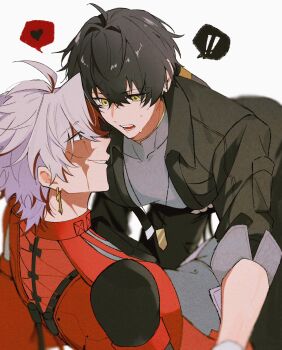 ! !! 2boys ahoge all_fours black_hair black_jacket black_pants bodysuit coat collared_jacket covered_collarbone earrings grey_bodysuit grey_shirt hair_between_eyes hair_ornament heart highres jacket jewelry long_hair long_sleeves looking_at_another low_ponytail lying male_focus male_rover_(wuthering_waves) multicolored_hair multiple_boys necklace open_clothes open_jacket open_mouth pants ponytail red_coat red_eyes red_hair rover_(wuthering_waves) sadomne_sabu scar scar_(wuthering_waves) scar_across_eye scar_on_face shirt short_hair simple_background smile speech_bubble spoken_exclamation_mark spoken_heart sweat sword_earrings t-shirt teeth two-tone_hair white_background white_hair wuthering_waves yaoi yellow_eyes