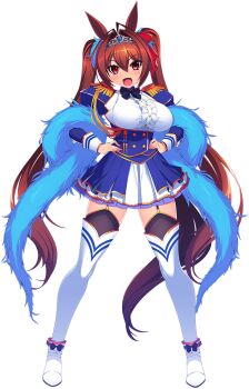 1girl aiguillette animal_ears black_bow black_bowtie black_socks black_thighhighs blue_dress blue_skirt blush boots bow bowtie breasts brown_tail buttons center_frills daiwa_scarlet_(peak_blue)_(umamusume) daiwa_scarlet_(umamusume) dot_nose dress epaulettes fangs female_focus frills full_body garter_belt garter_straps hair_between_eyes hair_intakes hand_on_own_hip horse_ears horse_girl horse_tail large_breasts layered_dress layered_skirt long_hair long_sleeves looking_at_viewer miniskirt official_alternate_costume official_art open_mouth red_eyes silver_tiara skirt socks solo solo_focus tail teeth thigh_boots thighhighs tiara twintails umamusume upper_teeth_only very_long_hair white_boots white_dress white_thighhighs