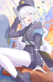 1girl :d arm_support armband belt black_belt blue_archive blue_armband blue_boots blue_hat blue_jacket blue_shorts blush boots buttons cosplay crime_prevention_buzzer double-breasted earclip explosion feet_out_of_frame gloves halo hand_up hat highres himari_(blue_archive) jacket long_hair long_pointy_ears long_sleeves looking_at_viewer making_faces mole mole_under_eye nozomi_(blue_archive) nozomi_(blue_archive)_(cosplay) open_mouth pantyhose peaked_cap pointy_ears pose_imitation purple_eyes rabbit_pose shako_cap shorts sitting smile solo tablet_pc very_long_hair whistle white_gloves white_hair white_halo white_pantyhose zanya_000
