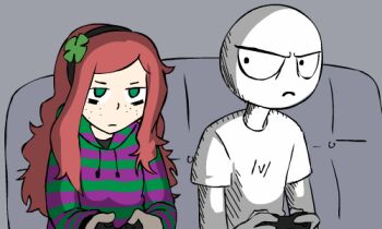 >:( /v/ 1boy 1girl 4chan animated animated_gif bags_under_eyes clover controller eyebrows four-leaf_clover freckles frown game_controller green_eyes hairband hood hoodie light_frown long_hair looking_at_viewer lowres red_hair shirt sitting striped_clothes striped_hoodie sweater t-shirt vivian_james