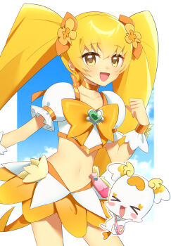 &gt;_&lt; 1girl :d blonde_hair blue_sky blush_stickers bow brooch choker closed_eyes cloud collarbone commentary_request cowboy_shot crop_top cure_sunshine day hair_between_eyes hair_ribbon hand_up heart heart_brooch heartcatch_precure! highres jewelry long_hair looking_at_viewer magical_girl midriff myoudouin_itsuki nagima_(rgjd5455) navel open_mouth orange_bow orange_choker orange_skirt partial_commentary potpourri_(heartcatch_precure!) precure puffy_short_sleeves puffy_sleeves ribbon shirt short_sleeves sidelocks skirt sky smile standing twintails white_shirt wrist_cuffs xd yellow_eyes