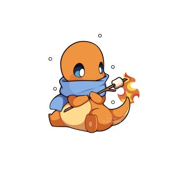 absurdres blue_eyes blue_scarf charmander commentary english_commentary fiery_tail fire flame-tipped_tail food gen_1_pokemon highres holding holding_stick marshmallow nintendo no_humans pokemon pokemon_(creature) pokemon_focus scarf sevi_(seviyummy) stick tail