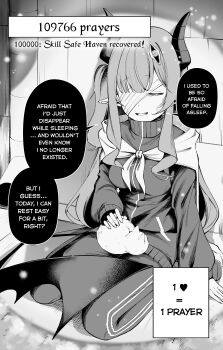 Rule 34 | 1girl, absurdres, bandage over one eye, cat, closed eyes, clover dot (clov erd), commentary, english commentary, english text, greyscale, highres, horns, jacket, long hair, long sleeves, monochrome, one eye covered, original, pants, petting, pointy ears, seiza, sitting, smile, solo, speech bubble, track jacket, track pants
