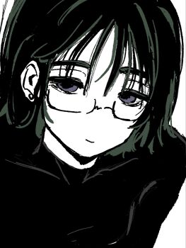 1girl alien_stage coldmeow commentary glasses hashtag-only_commentary highres looking_at_viewer purple_eyes shirt short_hair smile solo spot_color sua_(alien_stage)