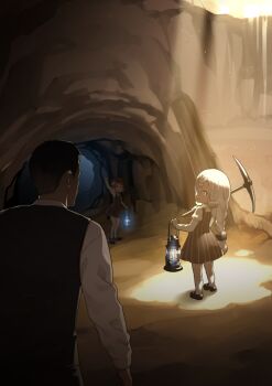 1boy 2girls arm_up black_footwear black_hair black_vest blvefo9 braid brown_dress brown_hair cave_interior commentary_request day dress dwarf hair_between_eyes hair_ornament holding juliet_sleeves kneehighs lantern long_hair long_sleeves multiple_girls original pickaxe puffy_sleeves red_eyes revision shirt shoes sleeveless sleeveless_dress socks striped_clothes striped_dress sunlight vertical-striped_clothes vertical-striped_dress very_long_hair vest white_hair white_shirt white_socks