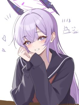 1girl alternate_costume blue_archive bright_pupils commentary_request floating_headgear halo headgear highres purple_eyes purple_hair sailor_collar simple_background smile solo upper_body utaha_(blue_archive) white_background white_pupils yukki83130530