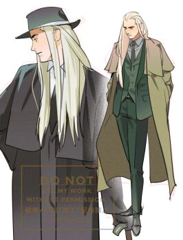 Rule 34 | 1boy, black capelet, black coat, black hat, black necktie, black shoes, blonde hair, brown coat, capelet, closed eyes, closed mouth, coat, collared shirt, commentary request, formal clothes, full body, green jacket, green pants, green suit, green vest, grey shirt, hair slicked back, hands in pockets, hat, jacket, long coat, long hair, male focus, multiple views, necktie, pants, shirt, shoes, sidelocks, straight hair, suit, suit jacket, tatsumi (psmhbpiuczn), the hobbit, thick eyebrows, thranduil, tolkien's legendarium, upper body, vest, waistcoat, white background