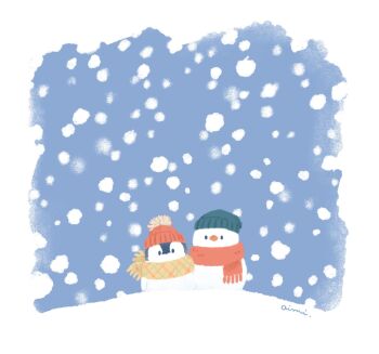 beanie bird carrot commentary_request hat highres no_humans original outdoors penguin polkadot_(mocopeng) pom_pom_(clothes) pom_pom_beanie red_scarf scarf snow snowing snowman yellow_scarf