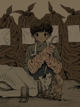 2boys a3dyqtlpqjcuqvs black_eyes bleeding blood blood_from_mouth body_bag brown_background brown_hair commentary_request crowbar emaciated gloves guro holding holding_crowbar indoors looking_at_viewer lying male_focus multiple_boys muted_color on_back original rubber_gloves short_hair stab upper_body