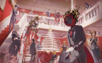 Rule 34 | 1other, 6+boys, 6+girls, :d, ?, against railing, ahemsehszlfmf, alcohol, aqua necktie, art gallery, arthropod limbs, bare shoulders, bell-bottoms, belt, belt buckle, between legs, black belt, black bow, black bowtie, black coat, black dress, black eyes, black gloves, black hair, black jacket, black pants, black shirt, black suit, black vest, blonde hair, blue eyes, bottle, bow, bow hairband, bowtie, brown eyes, brown hair, brown shoes, buckle, buttons, ceiling, champagne, champagne coupe, champagne flute, champagne tower, clock, closed eyes, coat, collared shirt, commentary request, crossed arms, cup, curtained hair, dante (limbus company), dark-skinned female, dark skin, don quixote (project moon), double-parted bangs, dress, dress pants, dress shirt, drinking glass, faust (project moon), fingernails, fire, flower, formal clothes, gauntlets, gloves, gold trim, gregor (project moon), grin, hair slicked back, hairband, hand between legs, hand in own hair, hand on own arm, hand on own cheek, hand on own face, hand on own leg, hand up, hands clasped in delight, hands up, heathcliff (project moon), high-low dress, high heels, high ponytail, highres, holding, holding bottle, holding cup, holding paper, hong lu (project moon), indoors, ishmael (project moon), jacket, jacket on shoulders, jewelry, kneeling, korean commentary, ladder, lapel pin, lapels, leaning forward, limbus company, long dress, long hair, long sleeves, looking at another, looking at viewer, looking down, looking to the side, low ponytail, meursault (project moon), mixed-language commentary, multiple boys, multiple girls, necklace, necktie, notched lapels, object head, off-shoulder dress, off shoulder, official alternate costume, on railing, on stairs, open clothes, open jacket, open mouth, orange hair, outis (project moon), outstretched arm, own hands clasped, own hands together, painting (object), pants, paper, pink flower, pink rose, ponytail, portrait (object), pouring, project moon, puffy short sleeves, puffy sleeves, railing, red carpet, red eyes, red pants, red shirt, red shoes, rodion (project moon), rose, ryoshu (project moon), shirt, shoes, short hair, short sleeves, sidelocks, sinclair (project moon), sitting, sleeveless, sleeveless shirt, smile, spaghetti strap, sparkle, sparkling aura, stage lights, stairs, standing, stepladder, suit, suspenders, sword, sword on back, table, tablecloth, tailcoat, thigh gap, thigh strap, two-sided dress, two-sided fabric, under table, very long hair, vest, waistcoat, walking, watch, wavy hair, weapon, weapon on back, white bow, white bowtie, white hair, wine, wine glass, wing collar, wristwatch, yellow eyes, yi sang (project moon)