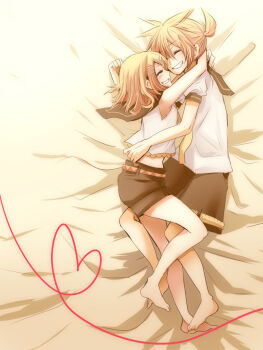 barefoot bed_sheet blonde_hair blush brother_and_sister brown_sailor_collar brown_shorts closed_eyes grin hair_between_eyes hair_ornament hairclip heart heart_of_string hug incest interlocked_legs kagamine_len kagamine_rin midriff ponytail sailor_collar school_uniform serafuku setora shirt short_hair short_ponytail shorts siblings smile string string_of_fate vocaloid white_shirt