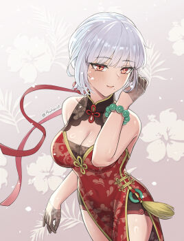 1girl absurdres alternate_costume archerist bare_shoulders bead_bracelet beads black_collar black_gloves bracelet breasts brown_shorts china_dress chinese_clothes cleavage closed_mouth collar commentary covered_navel cowboy_shot dress gloves grey_hair hair_ribbon half_gloves hand_up highres jewelry large_breasts looking_at_viewer mismatched_irises mole mole_under_mouth red_eyes red_ribbon ribbon sanhua_(wuthering_waves) shorts side_slit smile solo tacet_mark_(wuthering_waves) twitter_username wuthering_waves