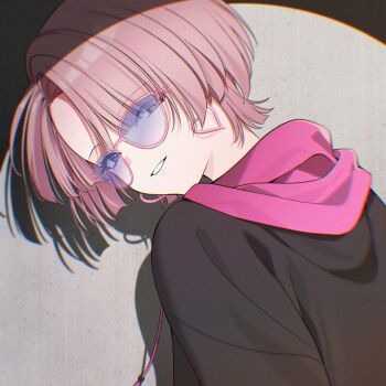 Rule 34 | 1girl, arimura mao, asymmetrical bangs, bad id, bad twitter id, black hoodie, earrings, gakuen idolmaster, grin, heart, heart earrings, highres, hood, hood down, hoodie, idolmaster, jewelry, koyamari xxx, looking at viewer, looking back, pink-framed eyewear, pink hair, pink hood, purple-tinted eyewear, purple eyes, short hair, smile, solo, spotlight, sunglasses, tinted eyewear