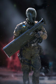 3d android beam_rifle camouflage commentary cyberpunk cyborg energy_gun english_commentary faceplate gloves highres humanoid_robot machinery military military_combat_uniform military_uniform original real_life realistic robot science_fiction soldier solo thuberchs ukrainian_flag ukrainian_ground_forces weapon